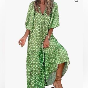 Geometric Print Big Swing Long Losse Dress Casual Dress Green White